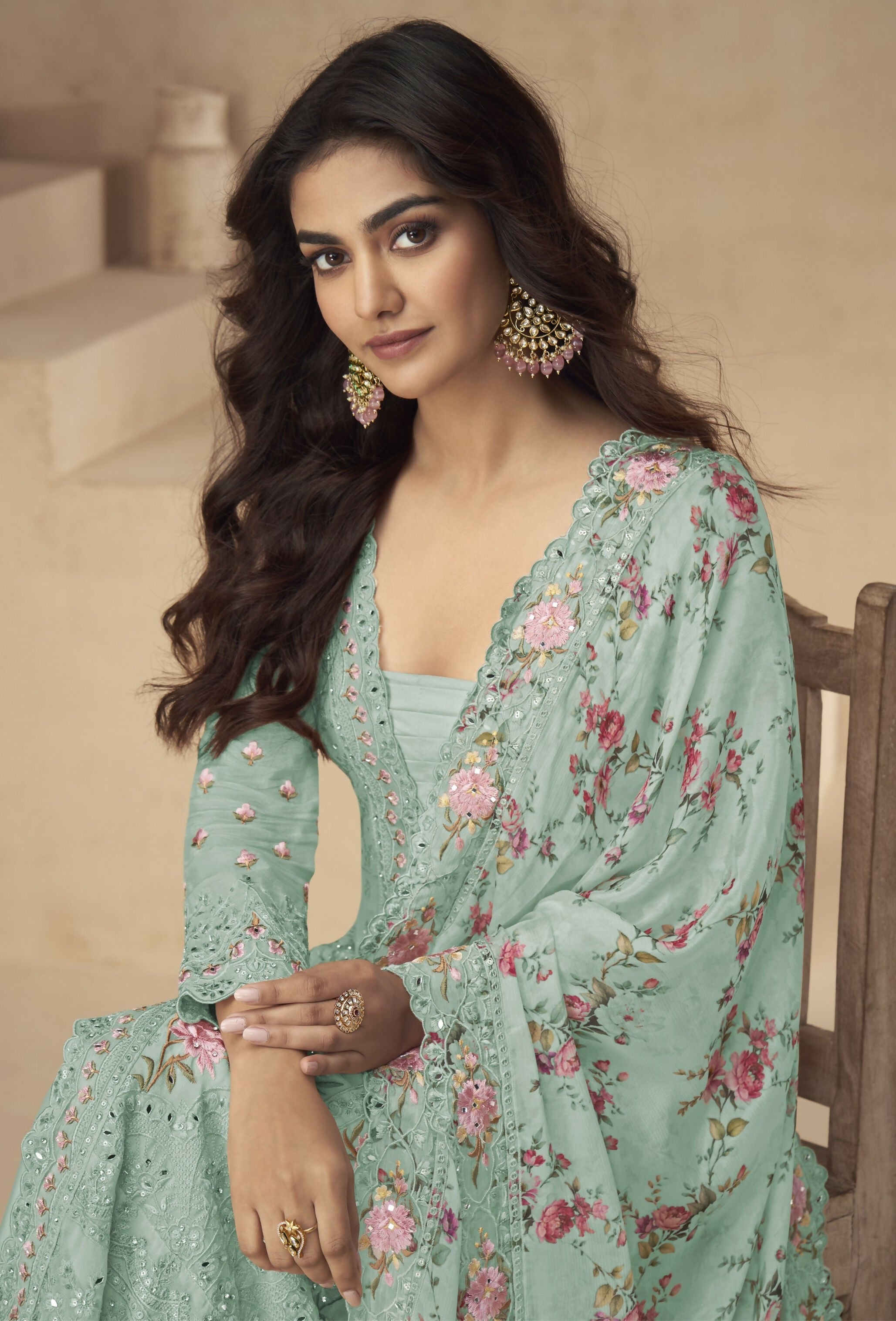 Anaita Sea-Green Chinon Readymade Suit with Embroidery Sequence Work - Distacart