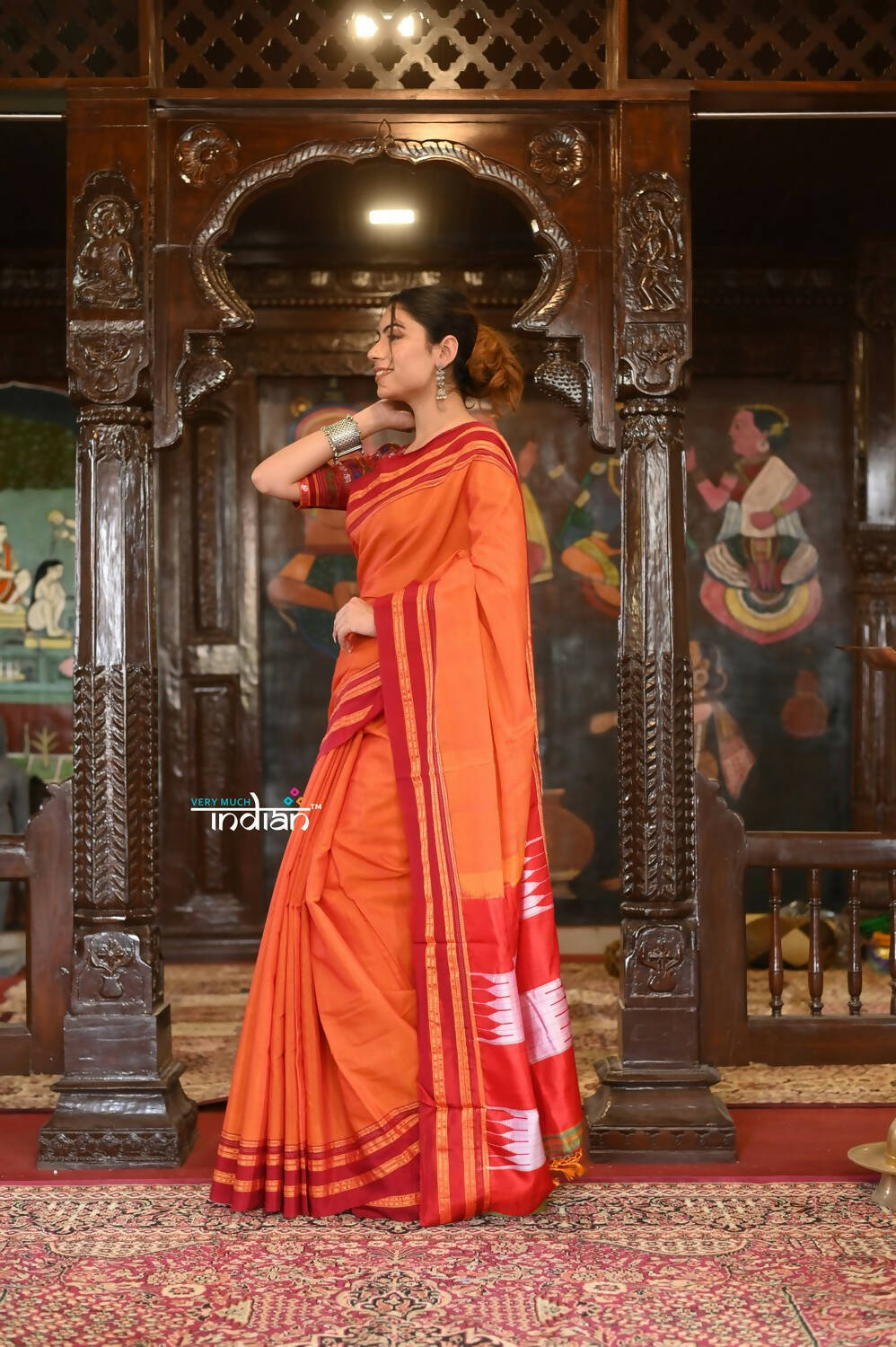 Very Much Indian Handloom Cotton Viscose Ilkal Saree Bright Orange With Red Border - Distacart