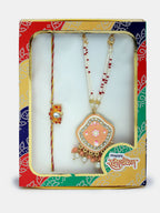 NVR Women & Men Set of 2 Peach Lotus Shape Kundan Stone-Studded & Beaded Bhaiya Bhabhi Rakhi With Roli Chawal - Distacart