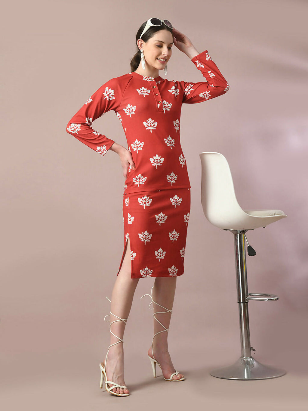 Myshka Women's Rust Printed Round Neck Party Top With Skirt Co-ord set