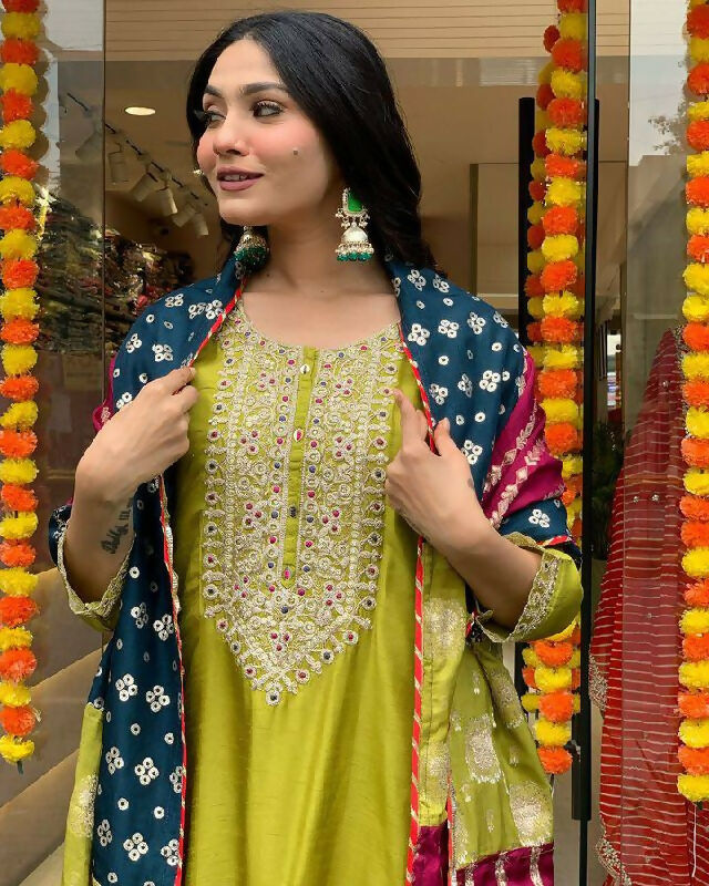 The52 Lemons Women's Gorgeous Embroidered Viscose Chanderi Fabric Straight Kurta Pant with Dupatta Set - Distacart