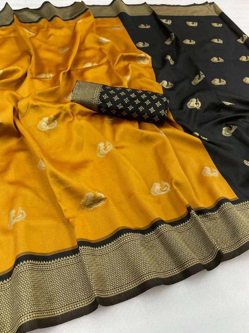 DEIANA'S Beautiful Designer Golden zari Soft Lichi Silk Saree - Yellow