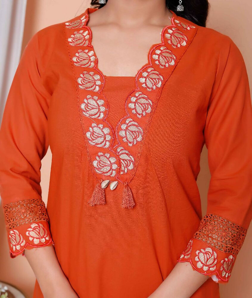 Miravan Womens Embroidered Cotton Kurta With Palazzo & Dupatta Set - Distacart