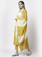 Myshka Women Yellow Viscose Printed 3/4 Sleeve Round Neck Kurta Pant Dupatta Set
