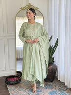 The52 Pista Women's Gorgeous Embroidered Vichitra Silk Fabric Flared Kurta Pant with Dupatta Set - Distacart