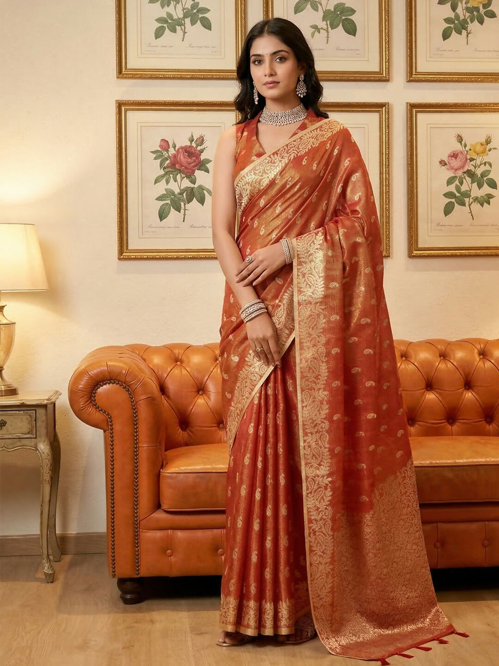 Shree Shyam Fashion Rust Tissue Silk Saree - Distacart