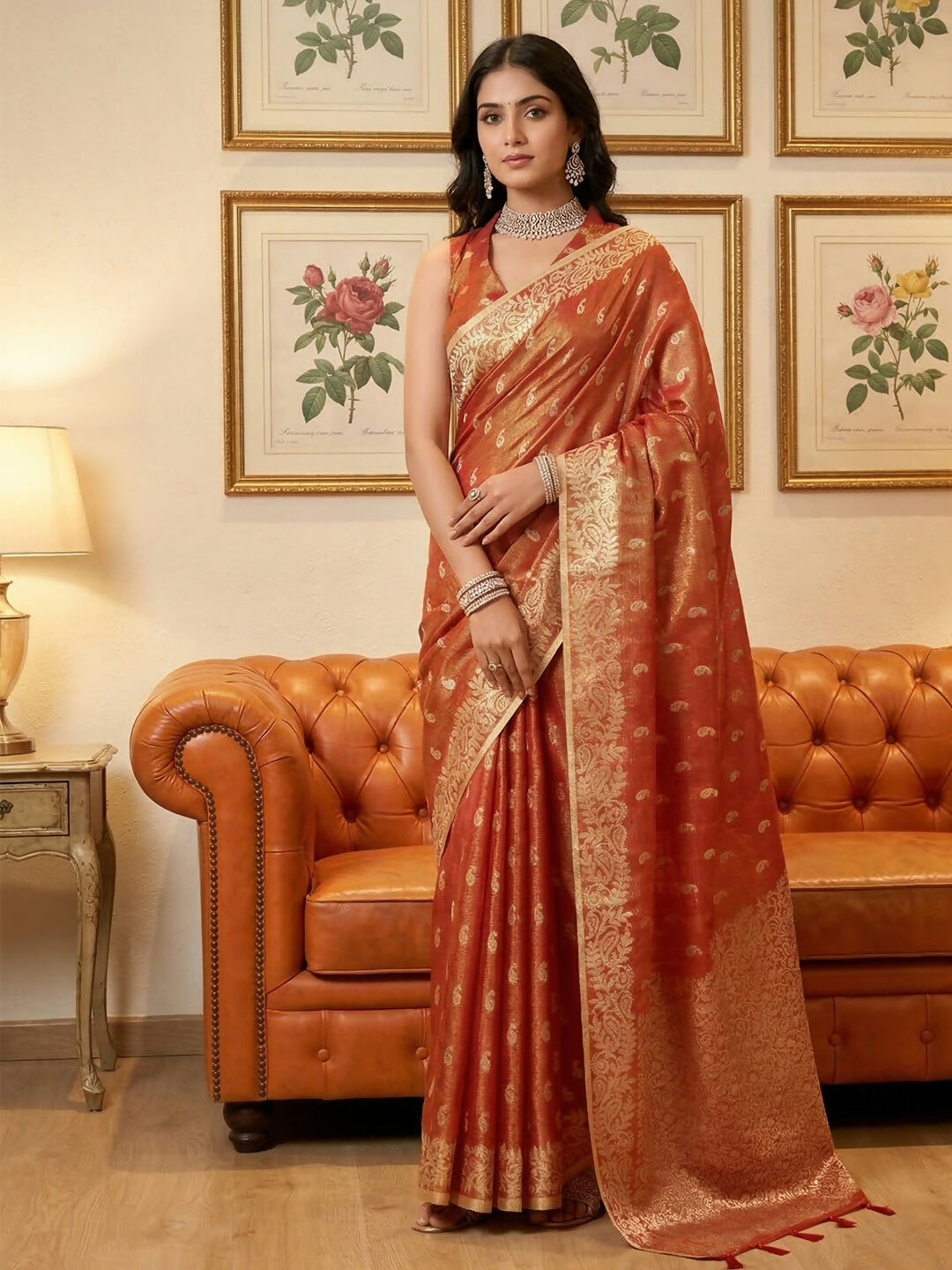 Shree Shyam Fashion Rust Tissue Silk Saree - Distacart