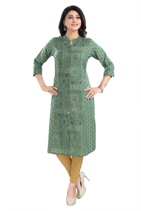 Snehal Creations Pleasing Pista Green Rayon Print Long Kurta For Women