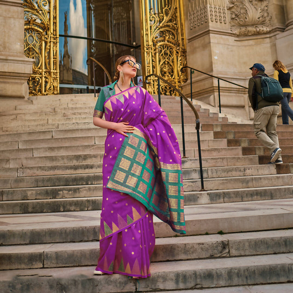 Mulberry Purple Handloom Khaddi Silk Saree With Contrast Pallu & Blouse - Rajtex Khwaab Silk