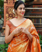DEIANA'S Beautiful Designer Golden zari Soft Lichi Silk Saree - Orange