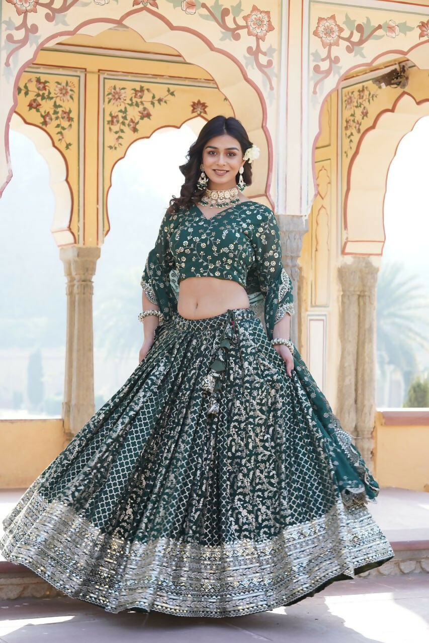 Lorenvalley Green Pure Viscose Jacquard With Embroidered Sequins work Lehenga Choli