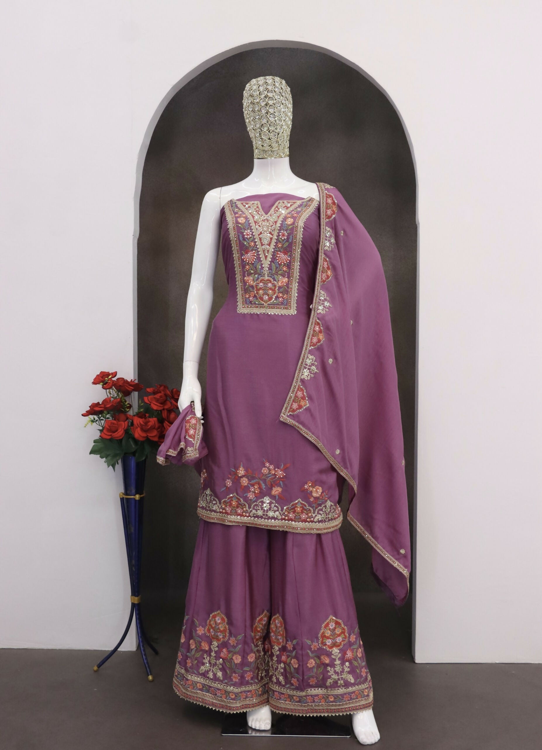 Anaita Purple Chinon Stitched Suit with Embroidery Sequence Work - Distacart