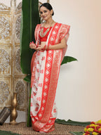 Shree Shyam Fashion Linen Cotton Red & White Saree - Distacart