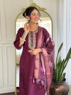 The52 Wine Women's Gorgeous Rayon Fabric Embroidered Work Straight Kurta Pant and Dupatta Set - Distacart