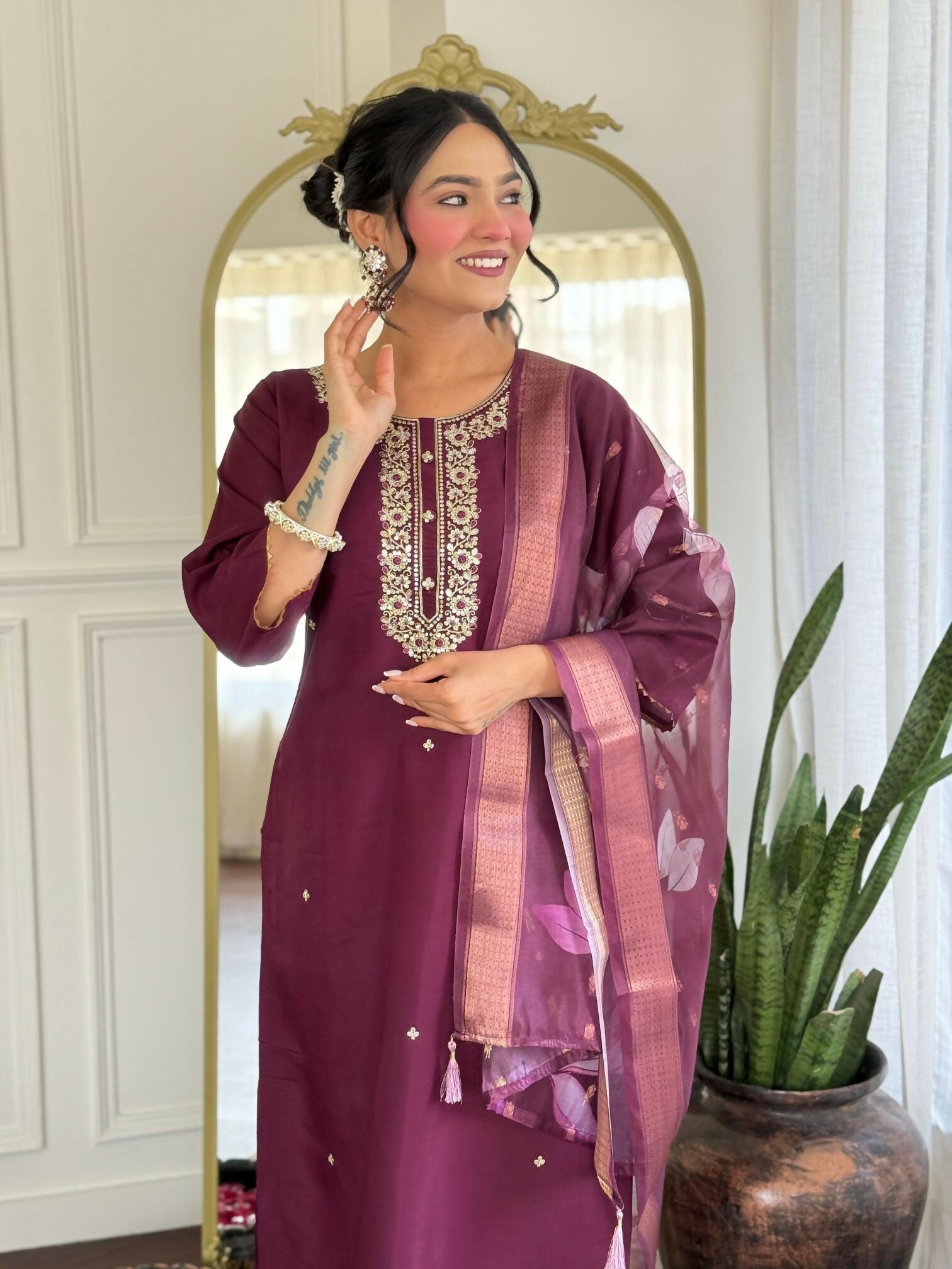The52 Wine Women's Gorgeous Rayon Fabric Embroidered Work Straight Kurta Pant and Dupatta Set - Distacart