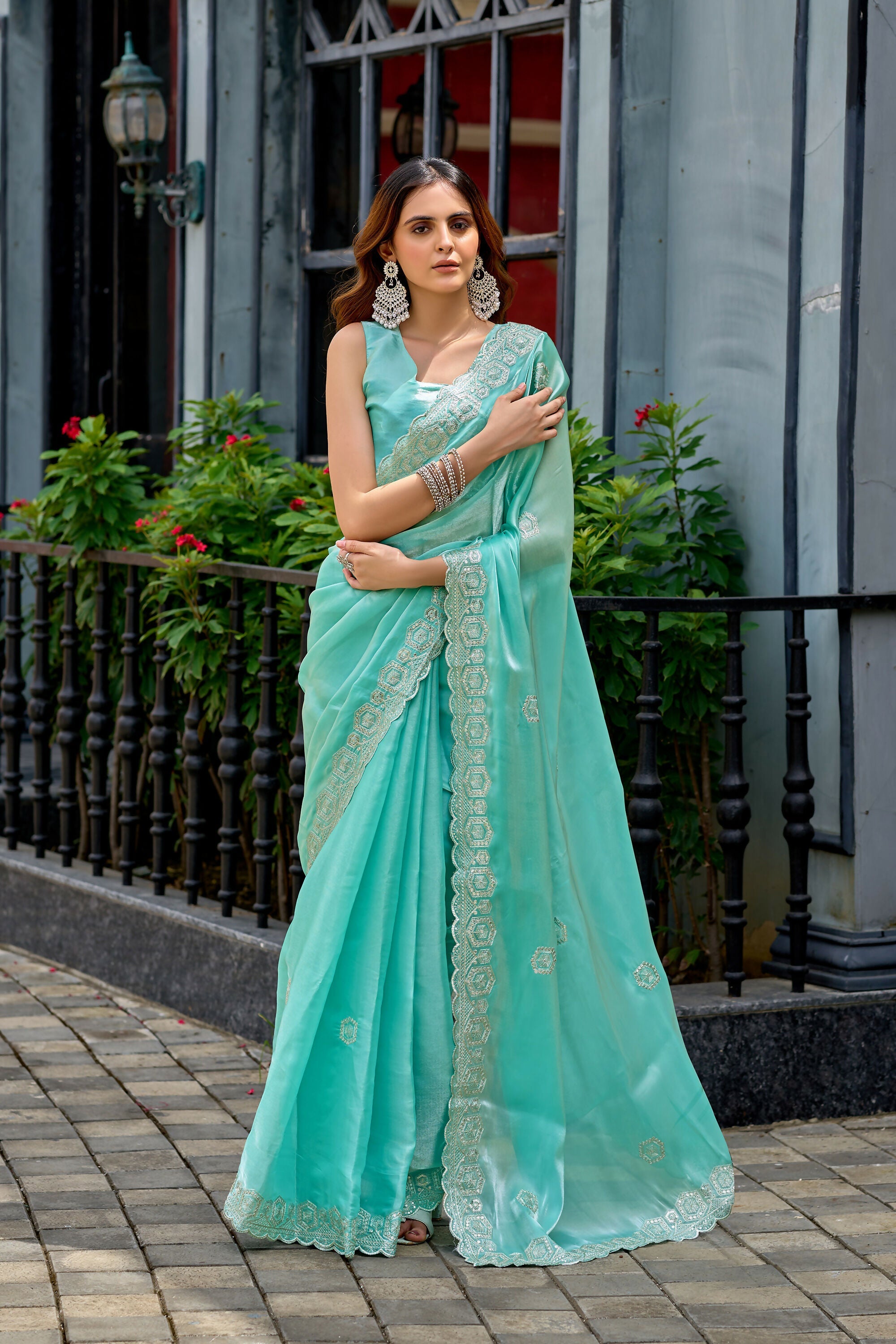 Vastranavya Turquoise Embroidery Work Shimmer Chiffon Saree with Unstitched Blouse - Distacart