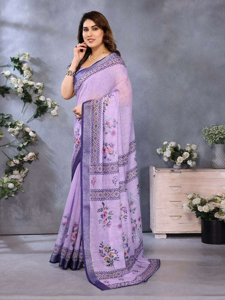 PR Fashion Purple Handloom Linen Cotton Saree