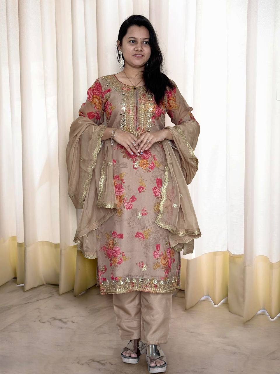 Prazu Fashion Beige Organza Embroidery Coding Sequin Salwar Suit - Distacart