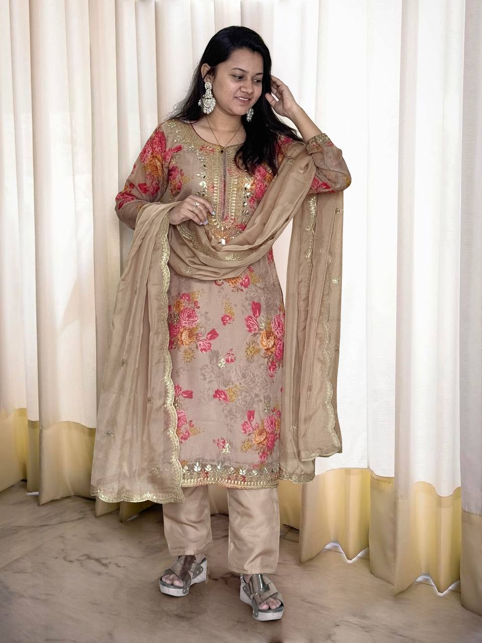 Prazu Fashion Beige Organza Embroidery Coding Sequin Salwar Suit - Distacart