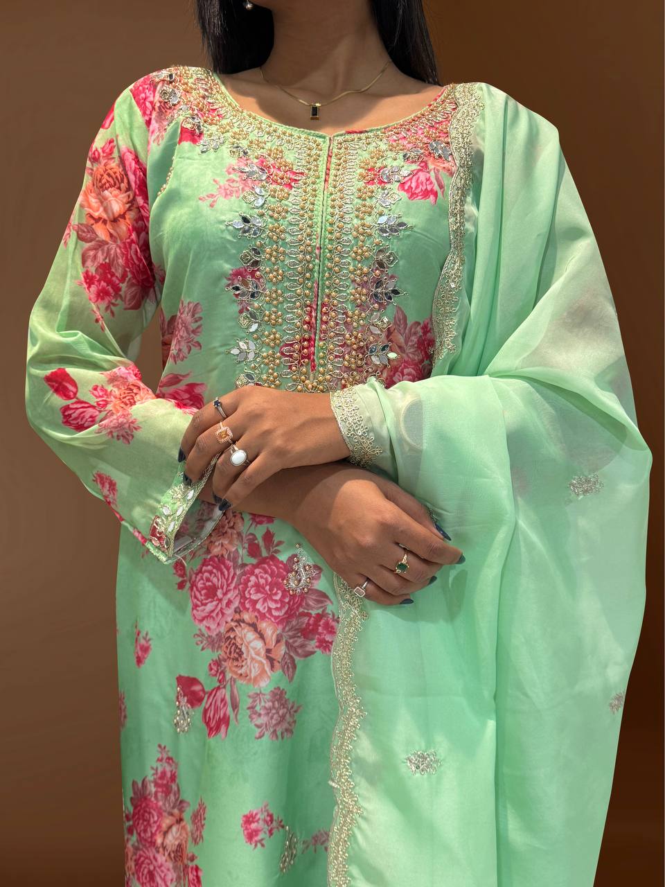 Prazu Fashion Light Green Organza Embroidery Coding Sequin Salwar Suit