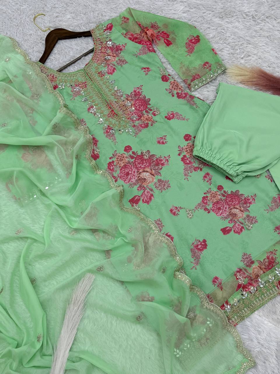 Prazu Fashion Light Green Organza Embroidery Coding Sequin Salwar Suit