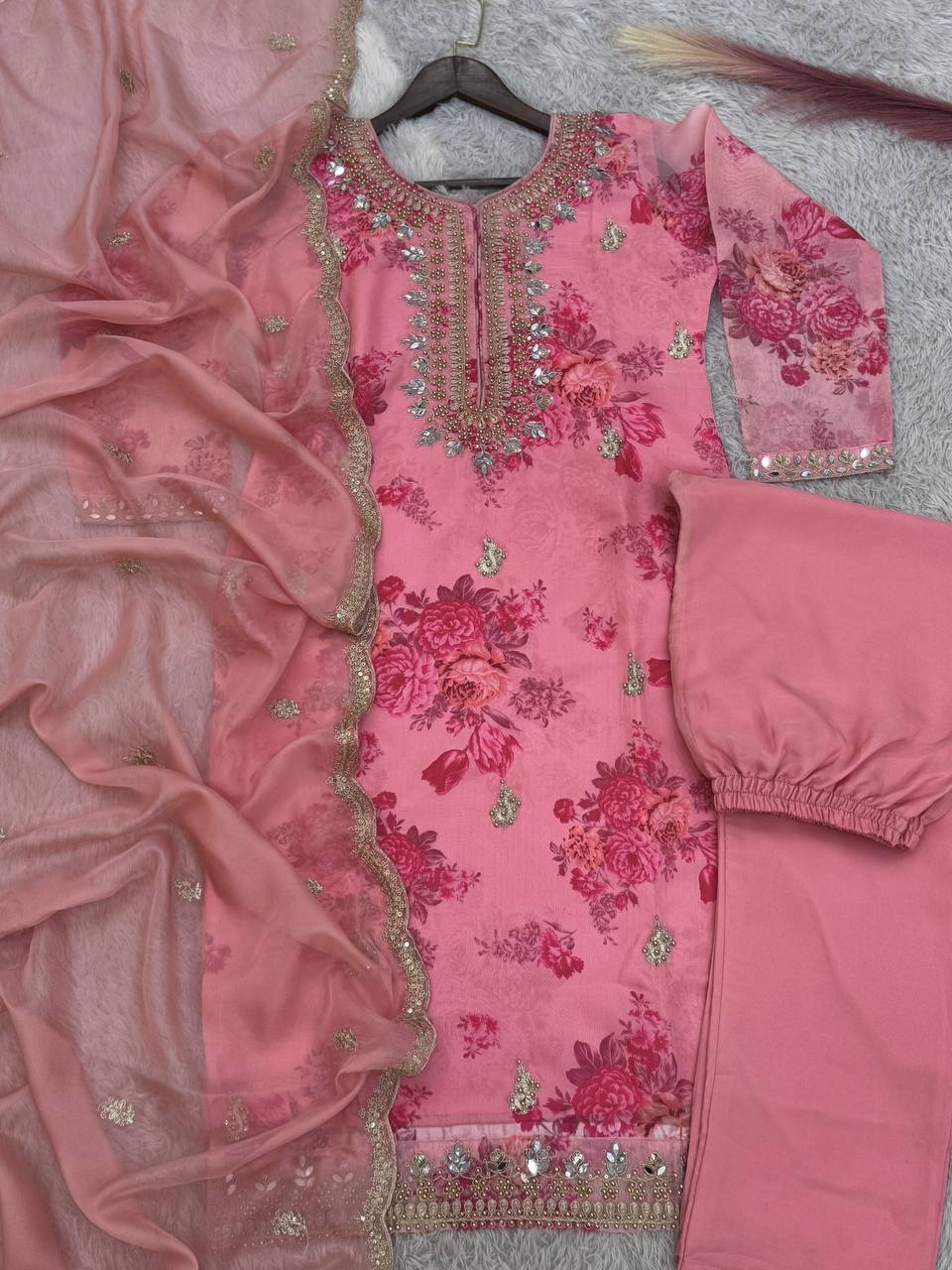 Prazu Fashion Peach Organza Embroidery Coding Sequin Salwar Suit - Distacart