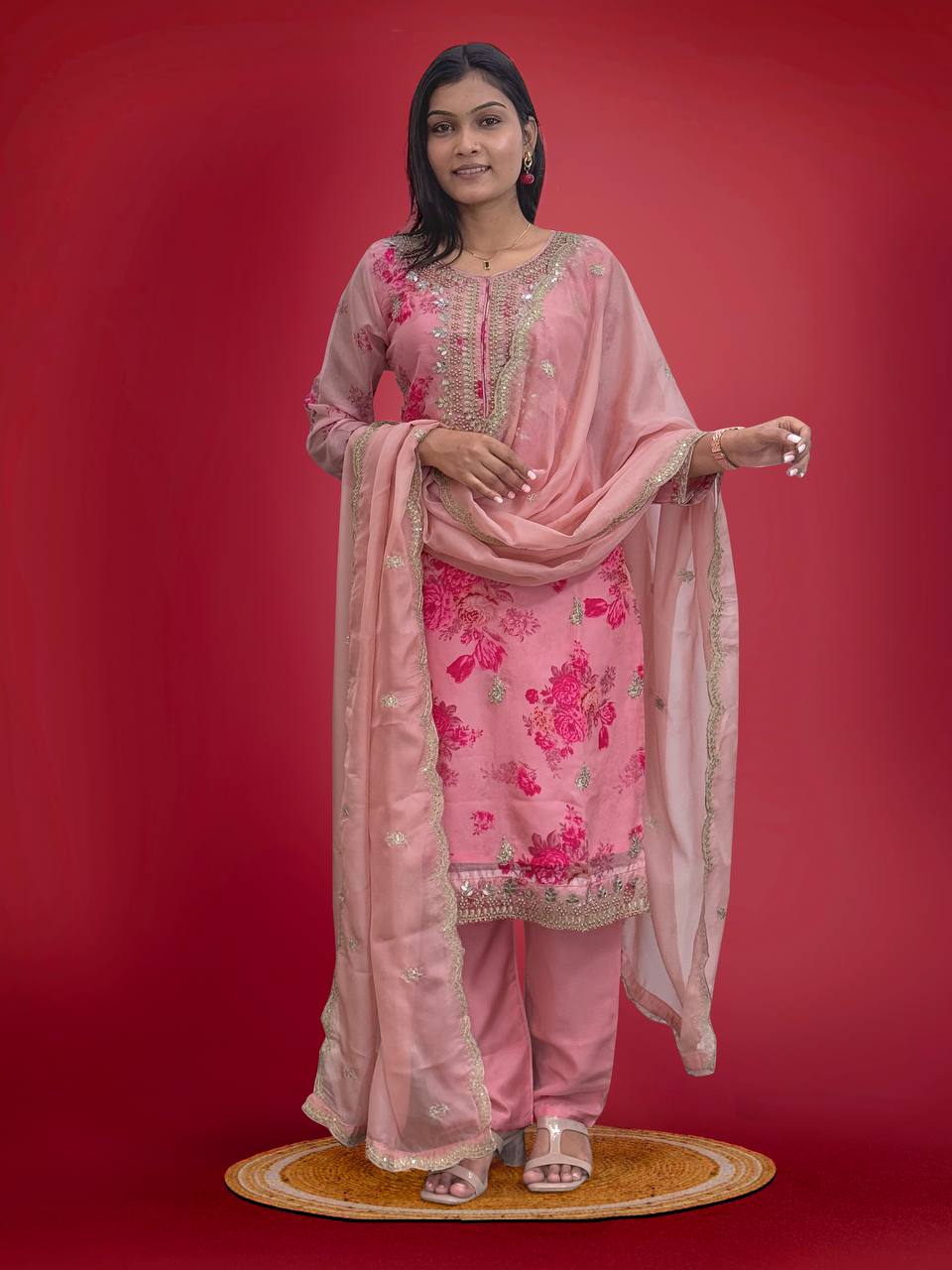 Prazu Fashion Peach Organza Embroidery Coding Sequin Salwar Suit - Distacart