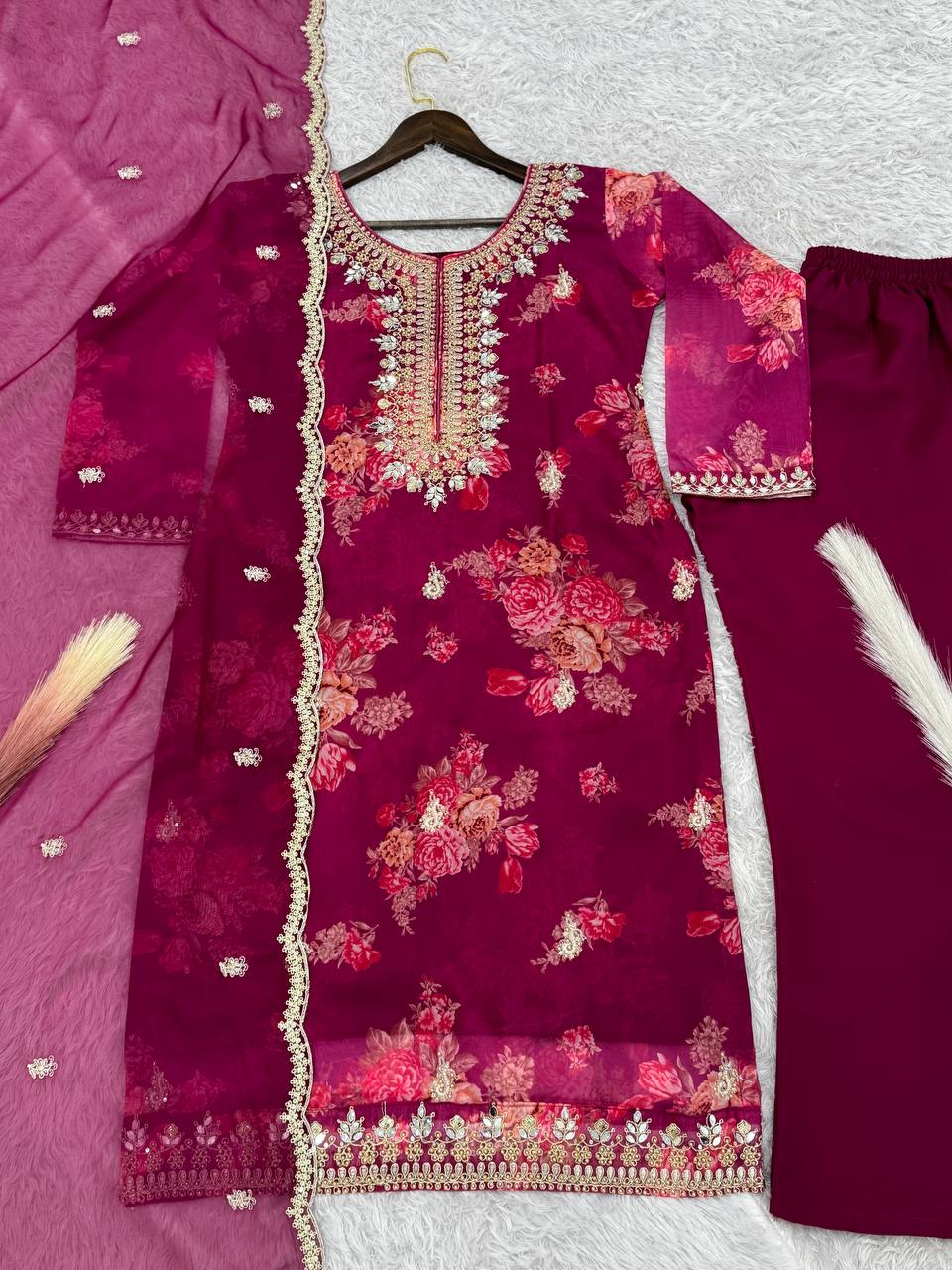 Prazu Fashion Rani Pink Organza Embroidery Coding Sequin Salwar Suit - Distacart