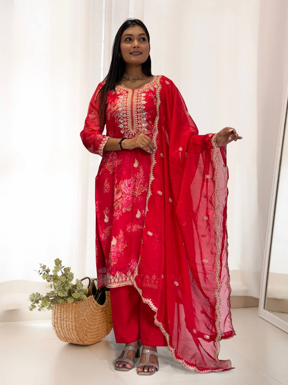 Prazu Fashion Red Organza Embroidery Coding Sequin Salwar Suit - Distacart