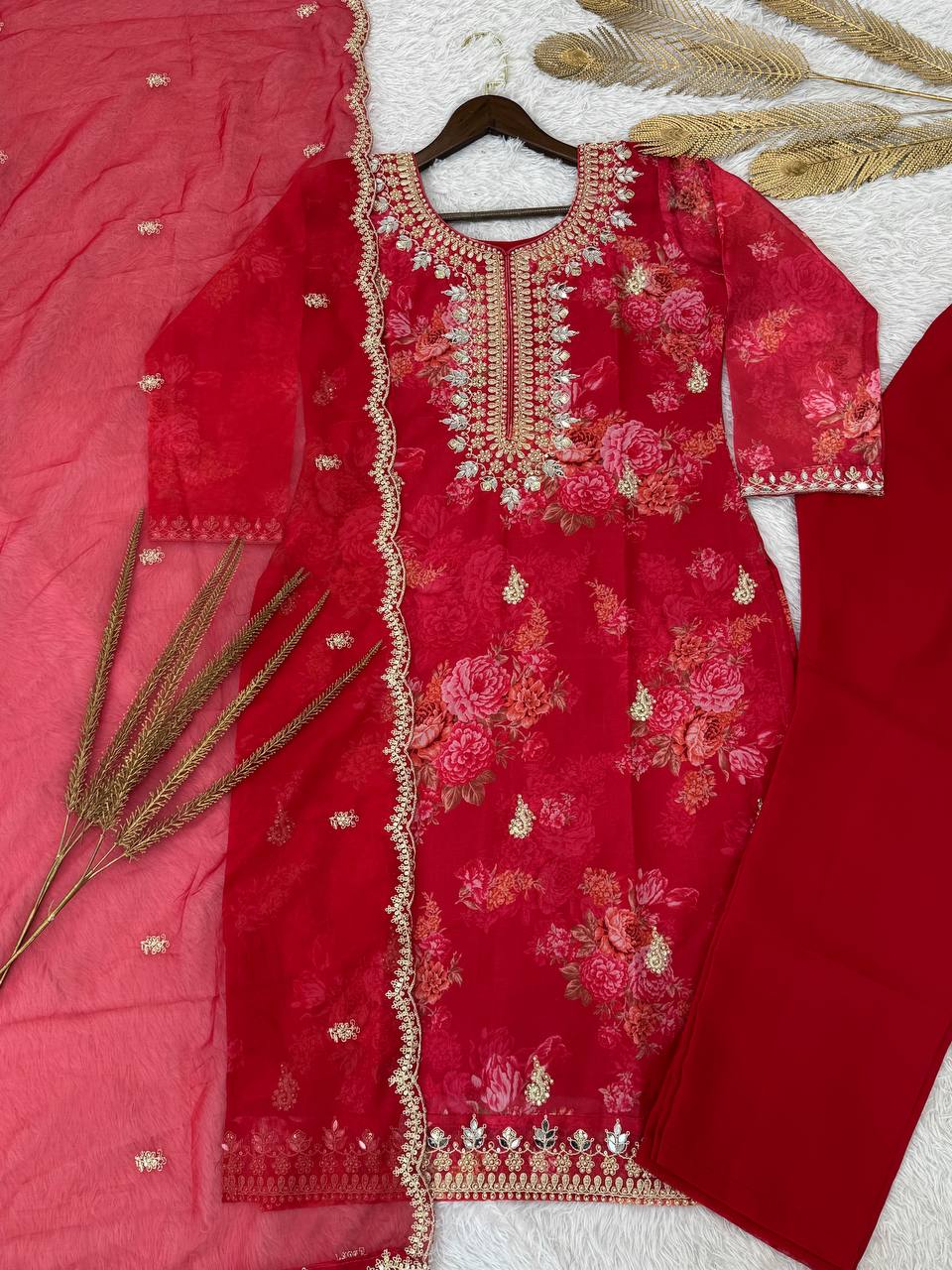 Prazu Fashion Red Organza Embroidery Coding Sequin Salwar Suit - Distacart