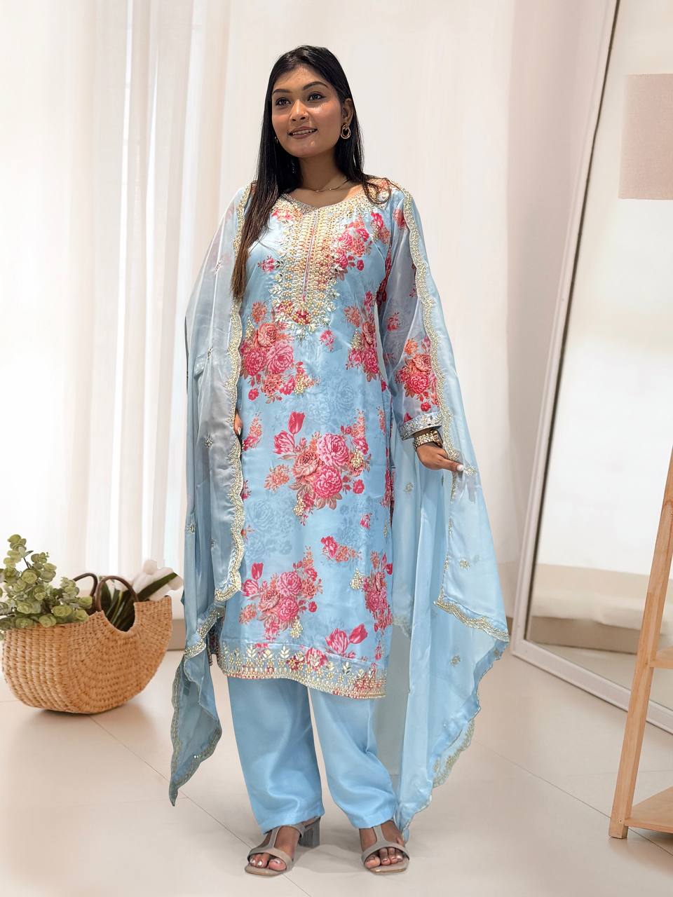Prazu Fashion Sky Blue Organza Embroidery Coding Sequin Salwar Suit - Distacart