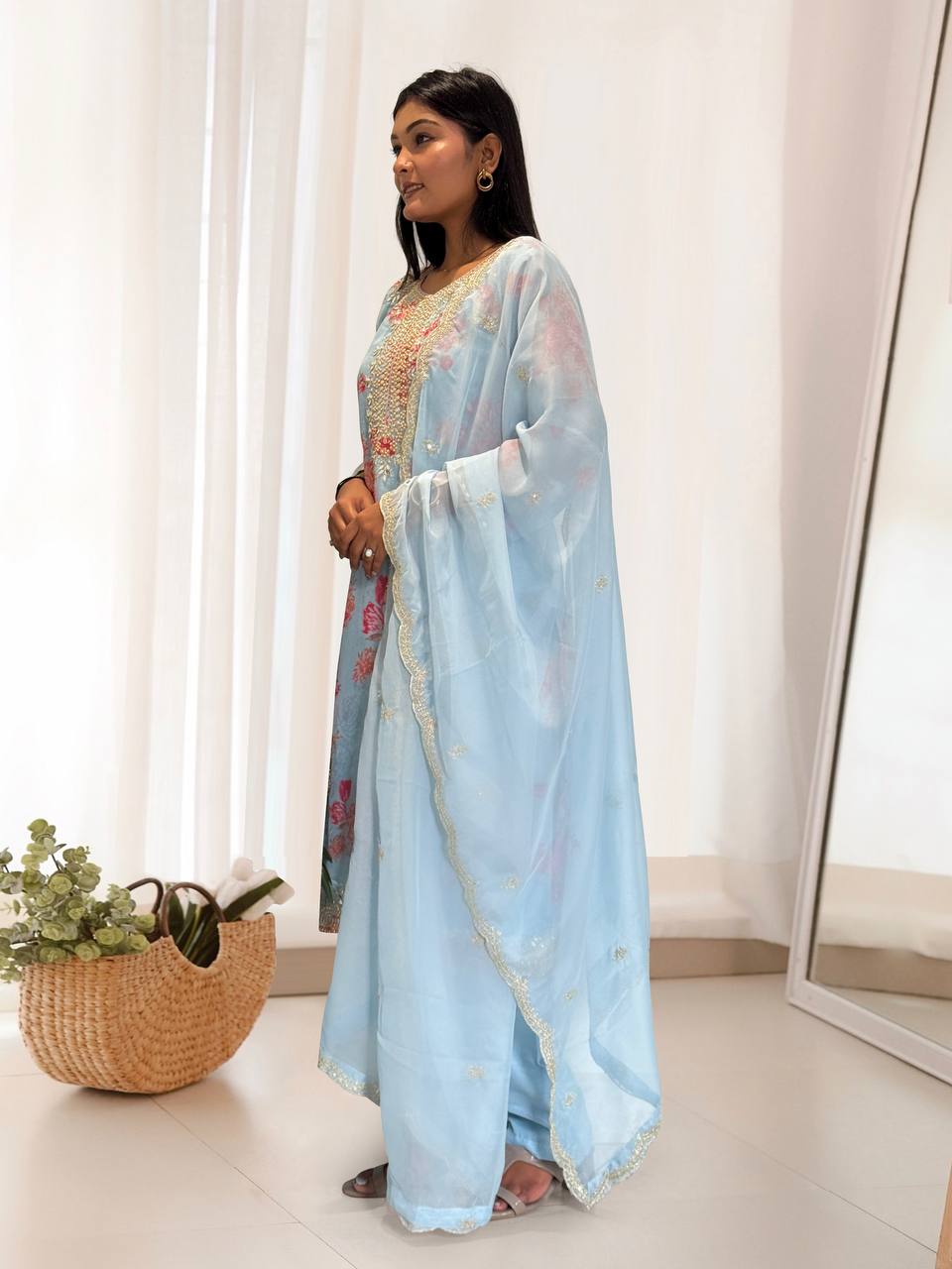 Prazu Fashion Sky Blue Organza Embroidery Coding Sequin Salwar Suit - Distacart