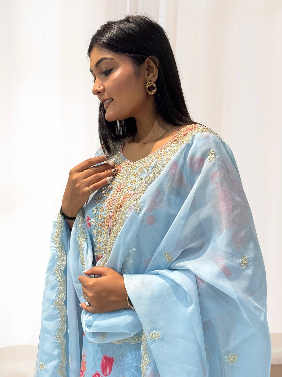 Prazu Fashion Sky Blue Organza Embroidery Coding Sequin Salwar Suit - Distacart
