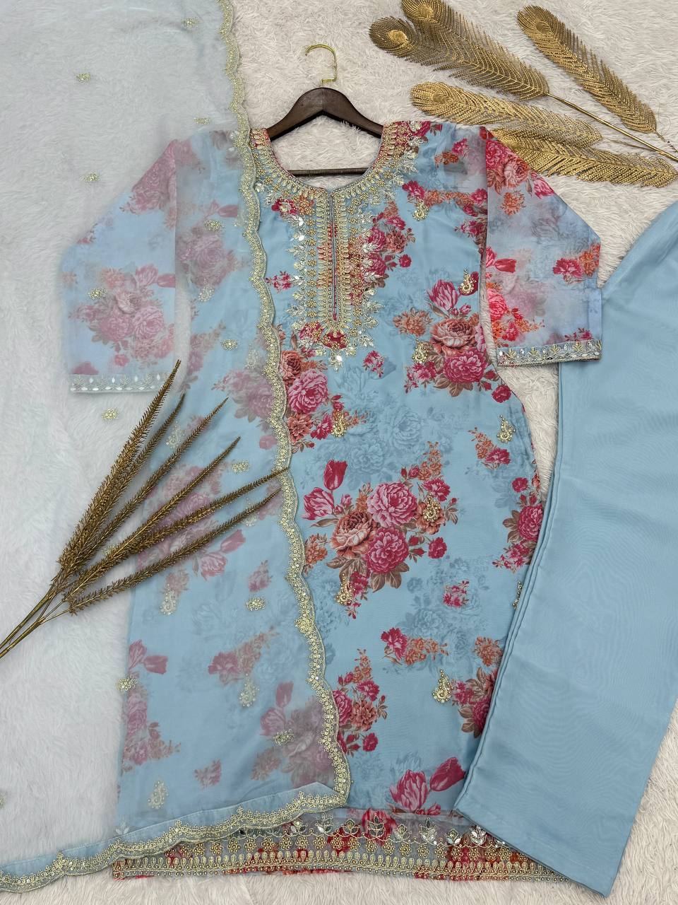 Prazu Fashion Sky Blue Organza Embroidery Coding Sequin Salwar Suit - Distacart