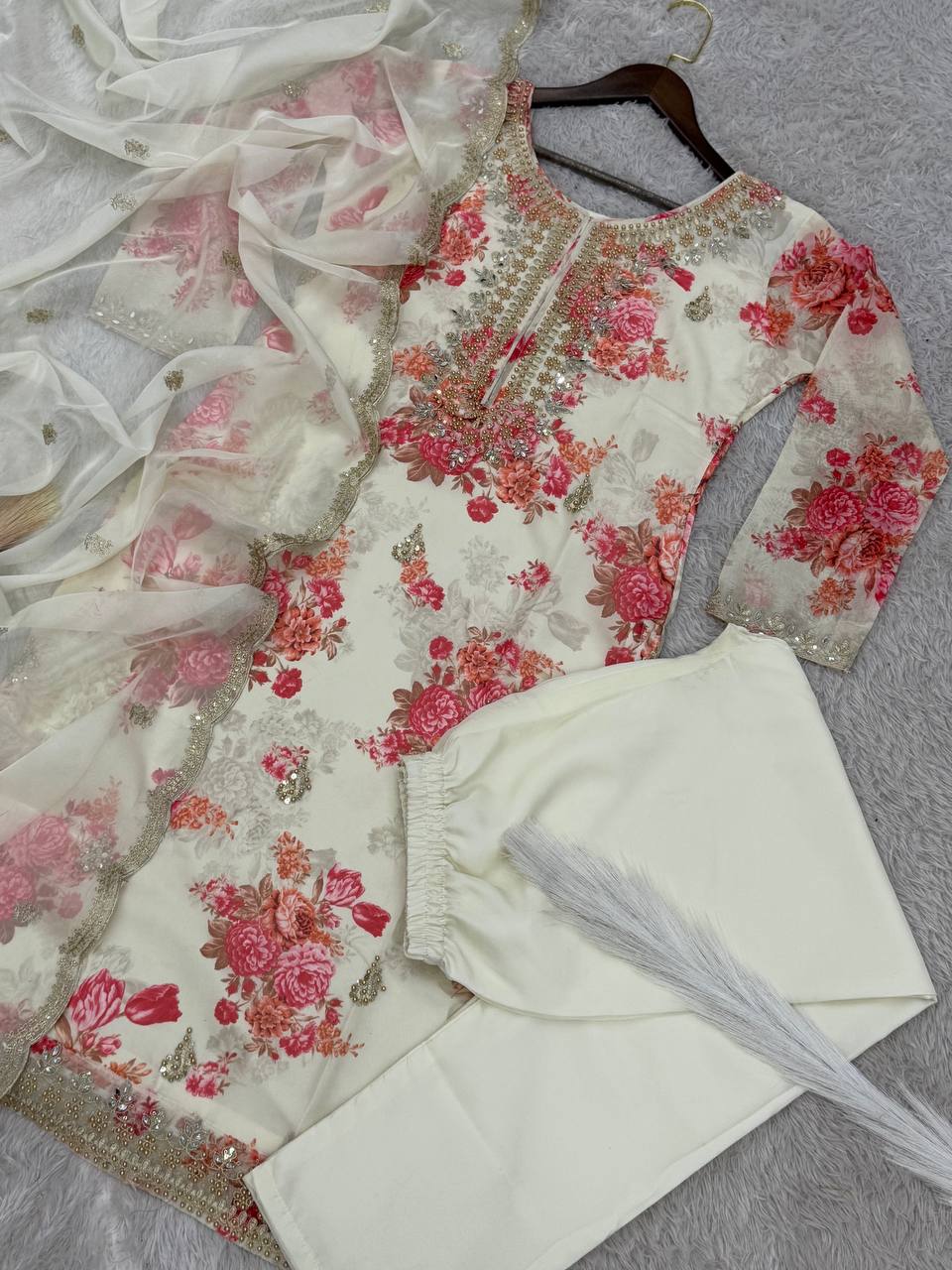 Prazu Fashion White Organza Embroidery Coding Sequin Salwar Suit - Distacart