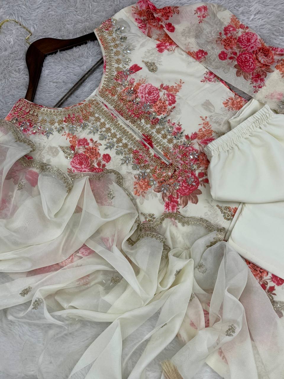 Prazu Fashion White Organza Embroidery Coding Sequin Salwar Suit - Distacart
