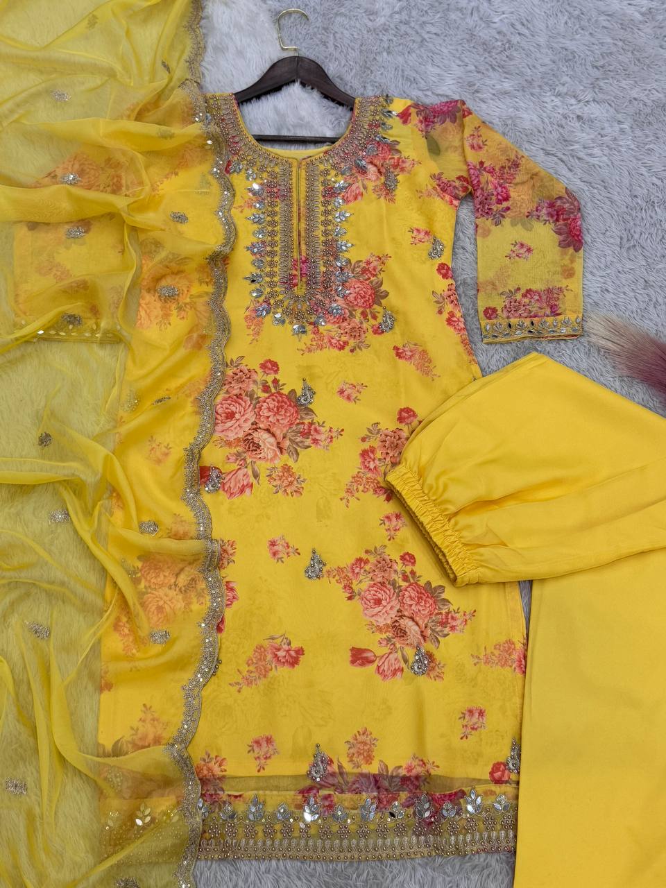 Prazu Fashion Yellow Organza Embroidery Coding Sequin Salwar Suit - Distacart