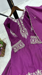 Prazu Fashion Purple French Crepe Thread Embroidered Palazzo Suit