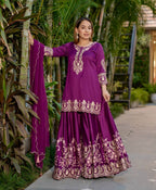 Prazu Fashion Purple French Crepe Thread Embroidered Palazzo Suit
