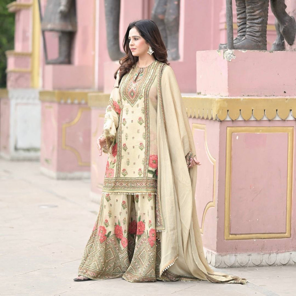 Prazu Fashion Cream Chinon Silk Digital Print Sharara Suit - Distacart