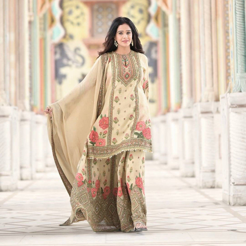 Prazu Fashion Cream Chinon Silk Digital Print Sharara Suit - Distacart