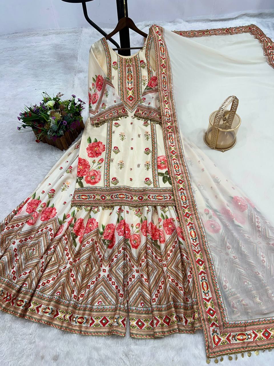 Prazu Fashion Cream Chinon Silk Digital Print Sharara Suit - Distacart