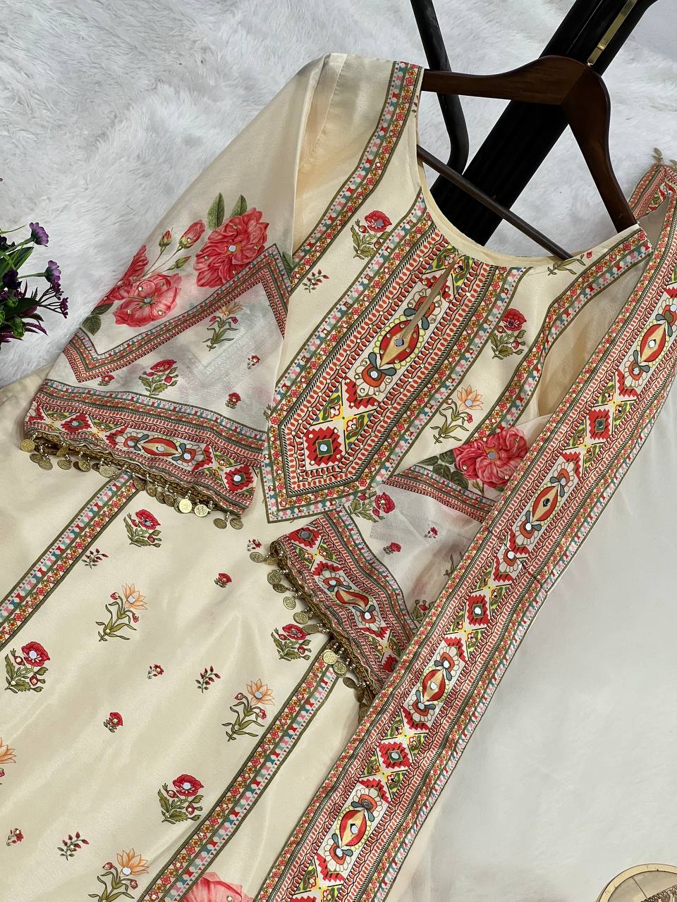 Prazu Fashion Cream Chinon Silk Digital Print Sharara Suit - Distacart