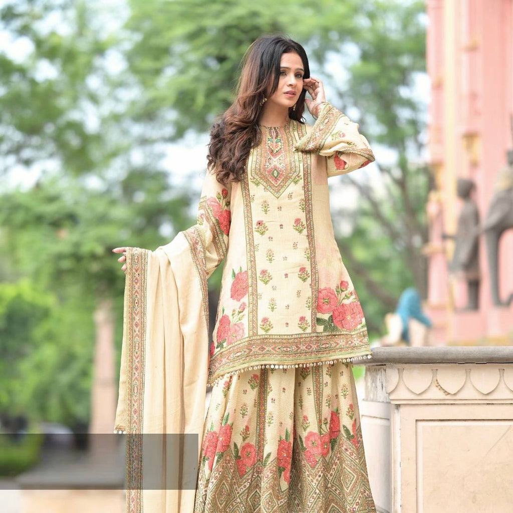 Prazu Fashion Cream Chinon Silk Digital Print Sharara Suit - Distacart