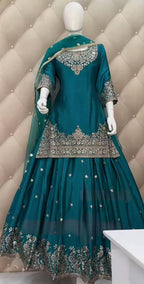 Prazu Fashion Rama Chinon Silk Embroidered Lehenga Style Suit