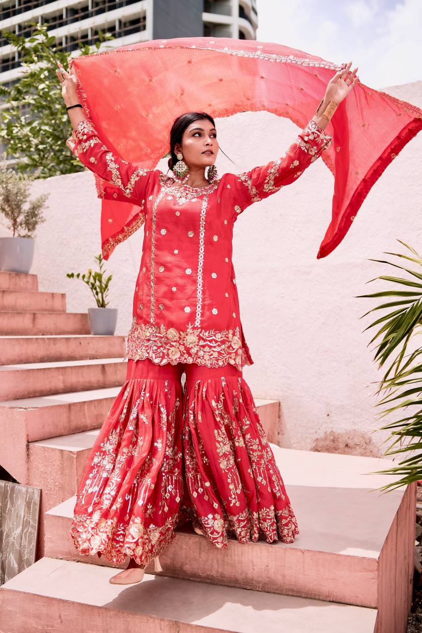 Prazu Fashion Rama Chinon Silk Embroidered Sharara Style Suit