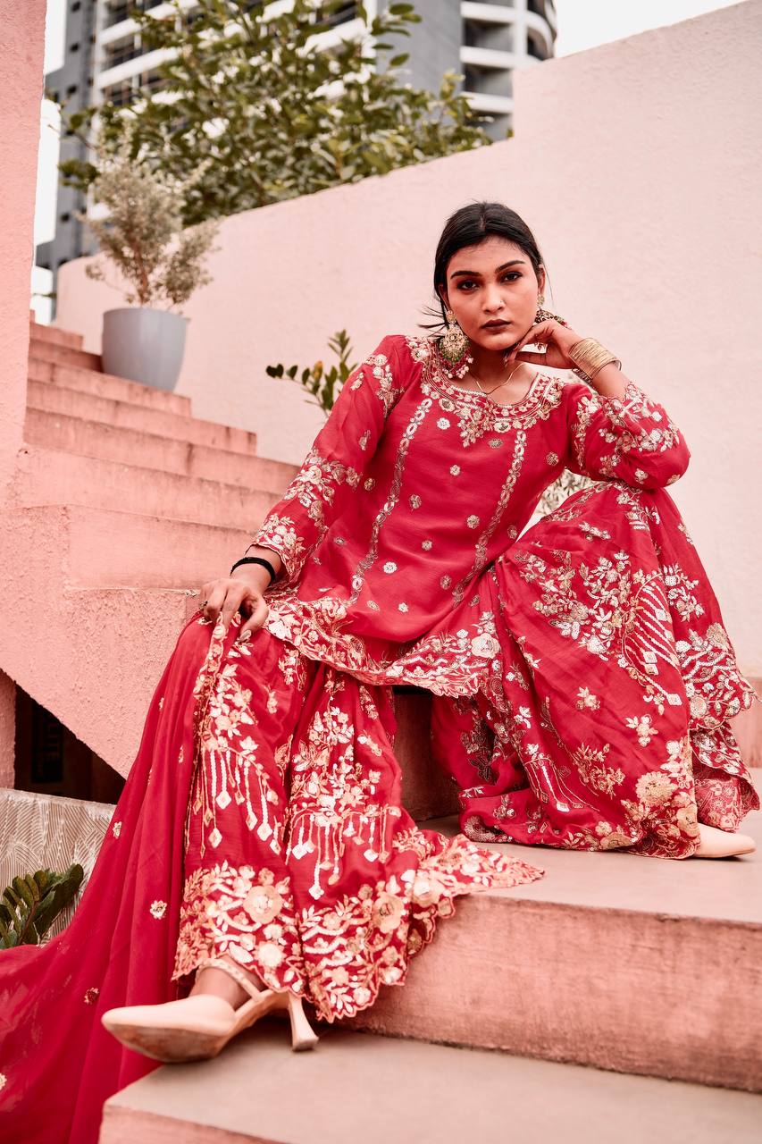Prazu Fashion Rama Chinon Silk Embroidered Sharara Style Suit
