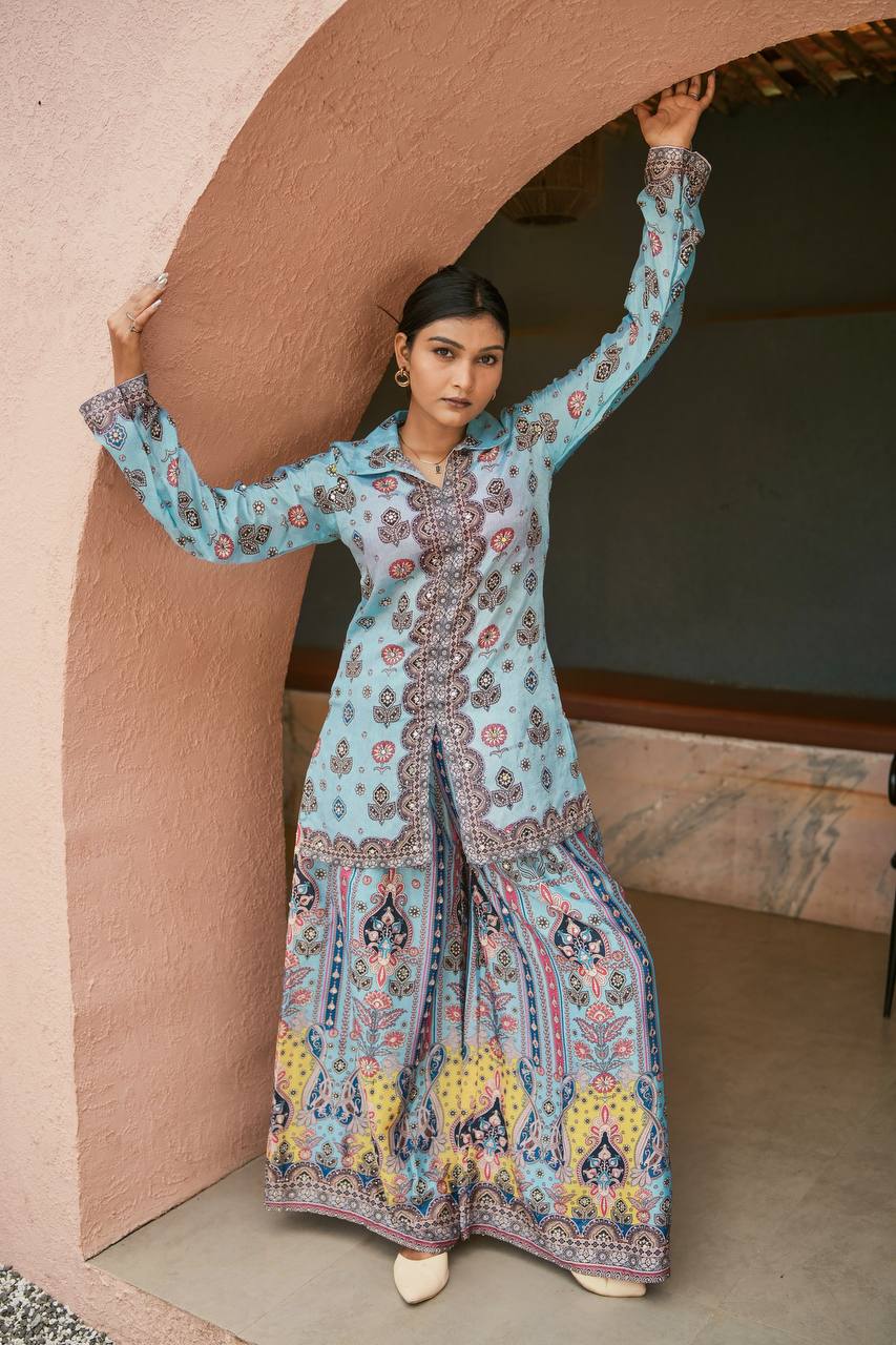 Prazu Fashion Sky Blue Chinon Silk Digital Printed Palazzo Suit - Distacart