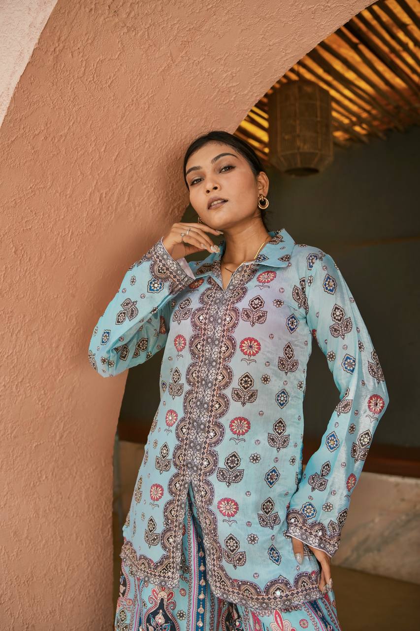Prazu Fashion Sky Blue Chinon Silk Digital Printed Palazzo Suit - Distacart