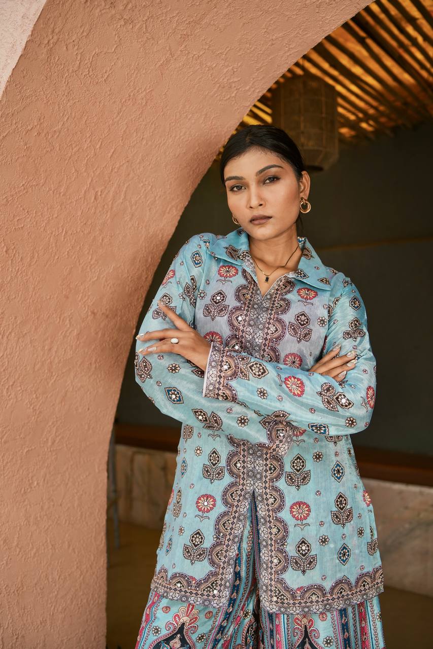 Prazu Fashion Sky Blue Chinon Silk Digital Printed Palazzo Suit - Distacart